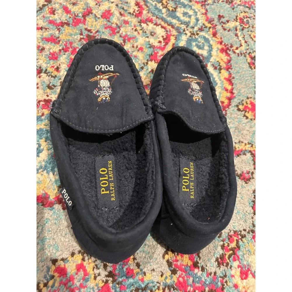 Polo Ralph Lauren Kids‎ Navy Blue Skiing Polo Bear Slippers Moccasins Size 4